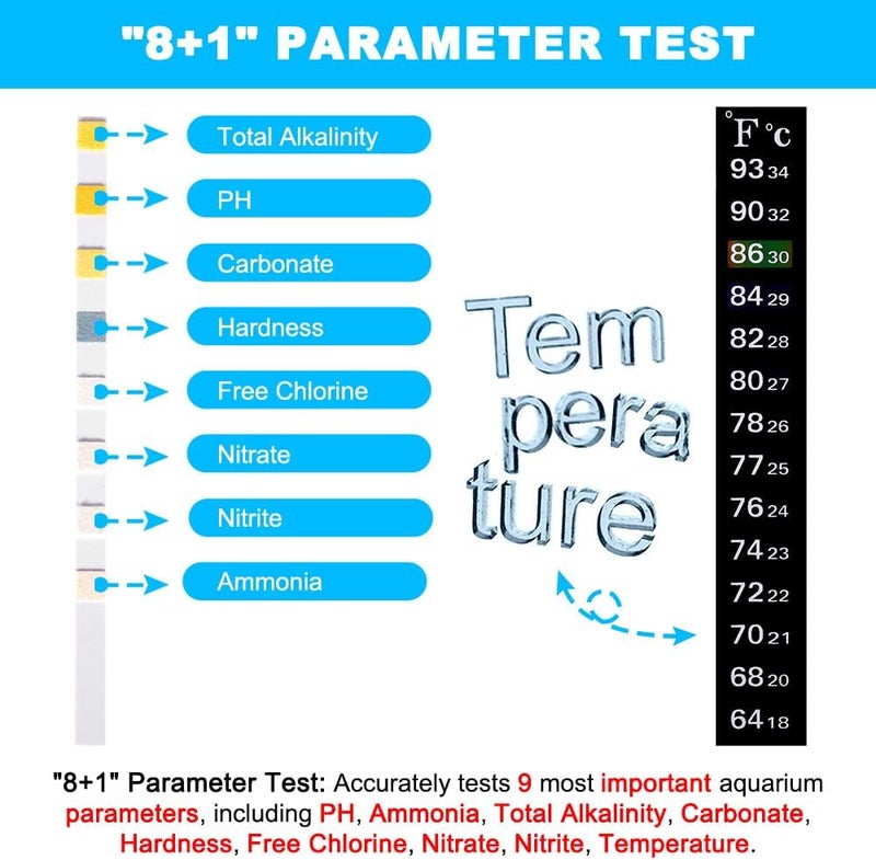 DATOO 8 in 1 Aquarium Test Kit Fish Tank Test Strips Accurate Water Quality Testing Strips for Ammonia PH Total Alkalinity Carbonate Hardness Free Chlorine Nitrate Nitrite Temperature (100 Strips) - Image 2